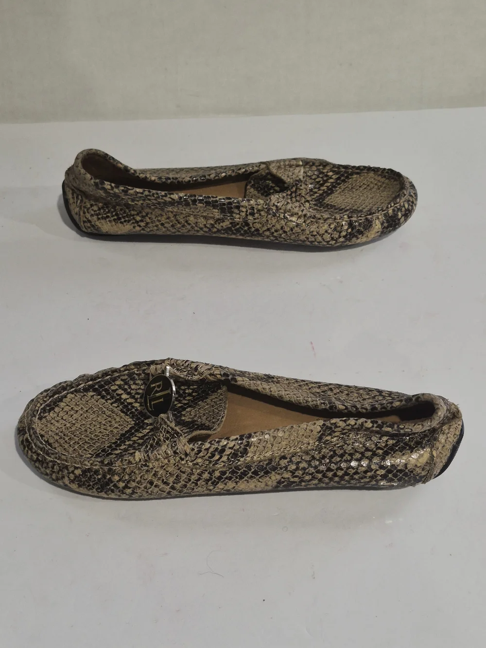 Ralph Lauren Snake-Print Driving Loafers in Beige